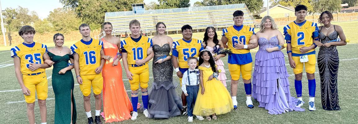 HOLDENVILLE CROWNED A NEW QUEEN BEFORE THE HOMECOMING GAME FRIDAY NIGHT. Pictured above (L-R): Jayden Hall with Lucca Smith, Memphis Thionnet with Madyson Richmond, Cameron Swayze with Lilly Scroggins, Aaron Torres with Queen Rylee Eckles, Alyc Harjo with Elizabeth Swadley, and R.J. Lowe with K’Mari Early. Crown Bearer: Spencer Lening and Flower Girl: Vivian Gibson