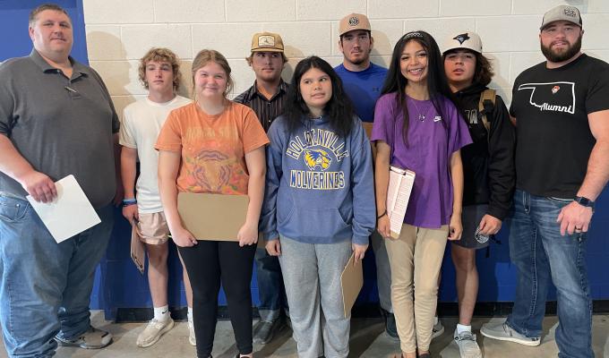 HOLDENVILLE FFA STUDENTS HAD A STRONG SHOWING AT THE HUGHES COUNTY FAIR SKILL-A-THON AND LAND JUDGING CONTEST. They are picture above (L-R): Mr. Trent Gober, Ty Sanford, Elizabeth Swadley, Braylon Ford, Mina Basqueze, Cash Carter, Kia Tiger, Canugee Tiger and Mr. Cody Richison.