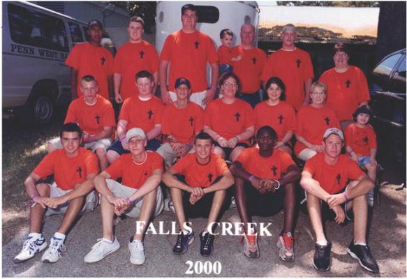 PICTURES FROM THE PAST...Attending Falls Creek in the Summer of 2000 with the Penn West Baptist Church were: Back Row (L-R): Jon Moppin, Jordan Paslay, Dudley McCoy, Pastor ?, Travis Foster, Pastor’s Wife. Middle Row (L-R): Stephen Hearn, Jon Paslay, Wil Julian, Holly Grandberg, Jamie Youngblood, ?, ?. Front Row (L-R): Grant Brewer, Dane Robinson, Shane Brunson, James Jones, and Cody Jennings.