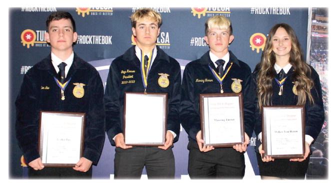 MOSS SENIORS ALONG WITH THE UNDERCLASSMEN ATTENDED THE STATE FFA CONVENTION IN TULSA WHERE THEY EACH RECEIVED THEIR STATE FFA DEGREE. They are pictured above Left to right: Caden Lee, Gage Keesee (he was also awarded with Academic Excellence. Only 73 out of the 708 state degree recipients earned this award. Also, only 9 out of 708 scored higher than a 30 on their ACT. Gage is one of the 9), Manning Turner, and Willow Van Haren.