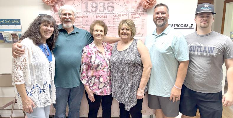 MELBA COOK RECENTLY CELEBRATED HER 90TH BIRTHDAY WITH FAMILY AND FRIENDS! There was a great turnout at a party filled with cake, punch, and lots of loving friends. Pictured above at the party are (L-R): Shannon Cook, Mike Cook, Melba Cook, Connie Streater, Brandon Cook, and Blayden Cook.