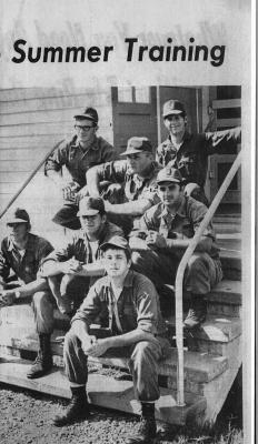 ENJOYING A COOL Arkansas day at Ft. Chaffee on the steps of their barracks were Holdenville guardsmen (Front Row): Tony Morrow. Second Row: Jesse Leach and Johnny Sumner. 3rd Row: Rex Hightower. 4th Row: Richard Nolan. 5th Row: Buddy Grizzle and John Griffin.