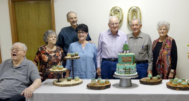 The Harrington siblings gathered to honor Otto on his 90th birthday. Pictured, left to right, are Otis Harrington, Lois (Tootsie) Meeks, David Harrington, Ann Janda, Otto, Glen Harrington and Loretta Legg.