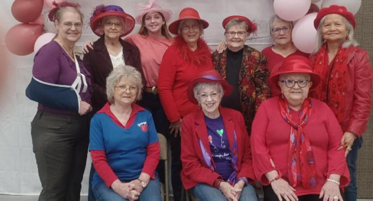 Pictured above are the members of the Red Hatters: Sharon Dilday, Lynn Marquis, Joyce Brinlee. Back Row: Cind McDaniel, Linda Tyler, Blakeleigh, Wanda Price, Wanda Shaw, Barbara Tiger, and Margie Mairel