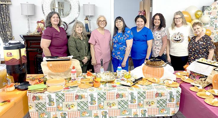 The administration and staff of Heritage Village Nursing Center enjoyed serving the residents a very tasty Thanksgiving meal. Pictured above are (L-R): Tammy Venable, Brenda Griffith, Jaquetta Lee, Anita Boyd, Cynda Factor, Hayley Hamilton, Kristi George, and Tammy Sneed.