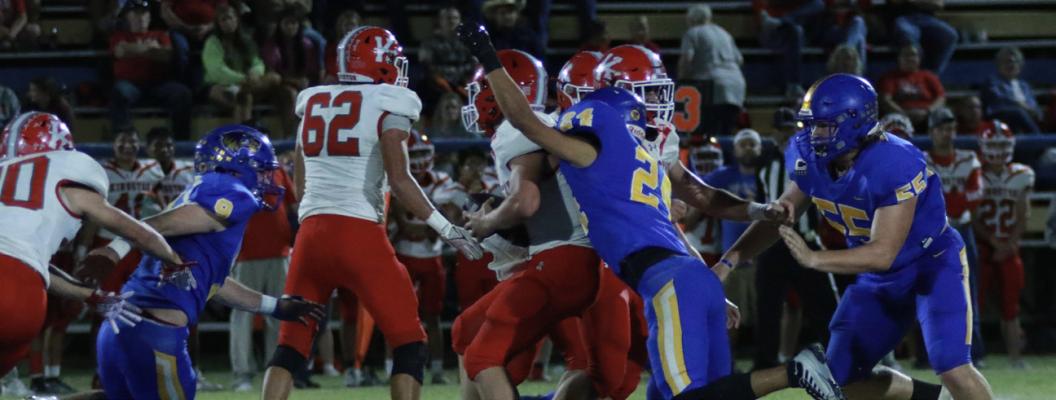 Holdenville defenders # 9, Cash Carter, # 24 Xavier Randall and # 55 Zeke De La Rosa sacked the Kingston quarterback. Holdenville will travel to Marietta this week for another important district contest.