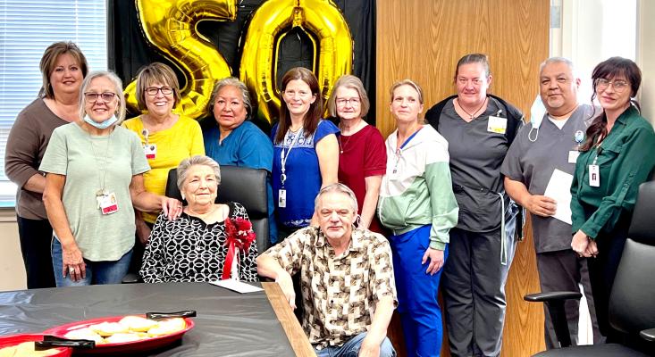 Phyllis is pictured above with several of her colleagues from Holdenville General Hospital. Phyllis will be missed dearly by all of her coworkers, but all came to wish her a very happy retirement.