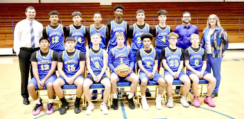 THE 2025-2026 HOLDENVILLE WOLVERINE VARSITY BOYS: Jordan Harjo, Tenetke Lowe, Rowdy Elkins, Memphis Thionnett, Javier Thomas, Hayden Grace, Ryder White. Back: Coach Dillion Snow,Joe Remis, RJ Lowe, Matthyus Bruner, Brett Bruner, Micheal Allen, Bentley Rhine, Tristan Emarthle, Brody Tucker,Coach Alan Hargis, Coach Britney Skipworth.