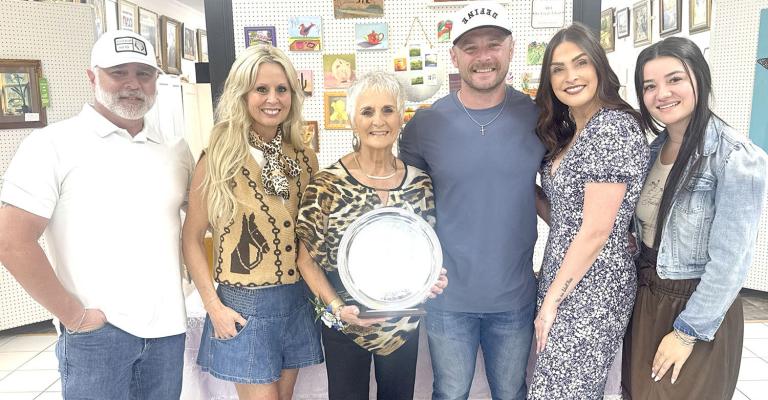 DONNA LIPE HONORED WITH DIANA AWARD BY ESA...A ceremony was held recently to honor was of Holdenville’s most admired citizens, Donna Lipe. Family and friends gathered from near and far to honor one of Holdenville’s most outstanding citizens. Pictured above are (L-R): Chance Lipe, Heather Lipe, Donna Lipe, and Chandler Lipe, Kaylie Stephens, and Channing Lipe.