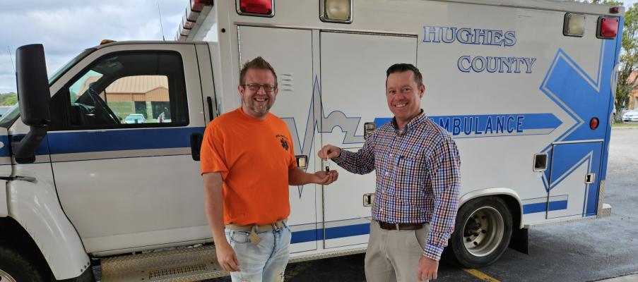 WWTC DONATES AMBULANCE BACK TO HUGHES COUNTY EMS. Through the partnership between Wes Watkins Technology Center (WWTC) and Hughes County EMS, the ambulance was donated by Hughes County EMS from 2018-2023 for emergency driver training. We are appreciative of their commitment to our training programs! Pictured are (l to r): Chris Miller, Hughes County EMS Clinical Operations Supervisor and Mike Lindley, WWTC Workforce and Economic Development Director