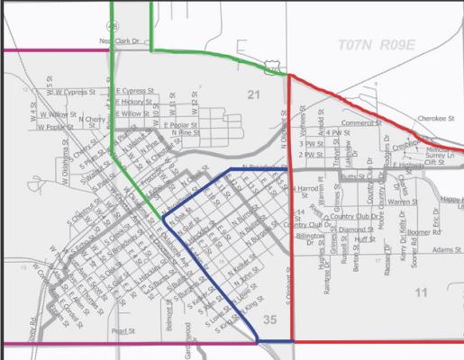 CITY WIDE BRUSH AND LIMB PICK UP – This map shows the four sections Holdenville has been divided into for brush and limb pickup. Each week a different section will receive free, curbside brush and limb pickup service. All limbs and brush should be placed off the street between the sidewalk and the curb and cut to not over 6’ length.