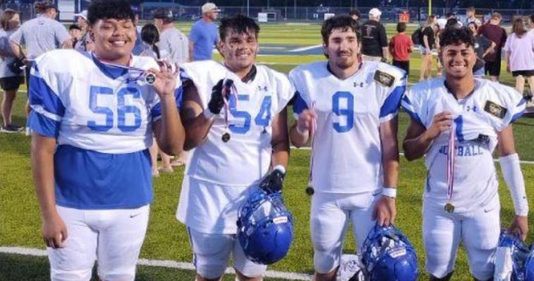 FOUR HOLDENVILLE SENIORS WERE SELECTED TO PARTICIPATE IN THE NATIVE AMERICAN ALL-STATE FOOTBALL GAME! #56 Zeke De La Rosa,#54, Isaiah Tiger,#9, Cash Carter and #1Izaia King are proudly holding their winning medals!