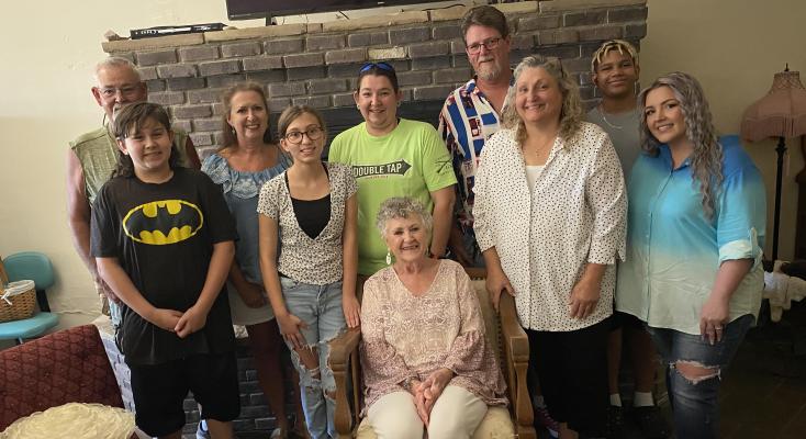 A SURPISE PARTY WAS GIVEN FOR PATSY GADDY GROVE AND WE DO MEAN IT WAS A SURPRISE! A large group of family and friends were on hand for the celebration. Family members pictured with Patsy above are: Back Row (L-R): Mike Grove, Kim Grove, Kay Grove, Jeff Grove, James Johnson. Front Row (L-R): Daxton Grove, Addison Grove, Kathy Grove, and Megan Hooks. More pictures pages 12 & 13.