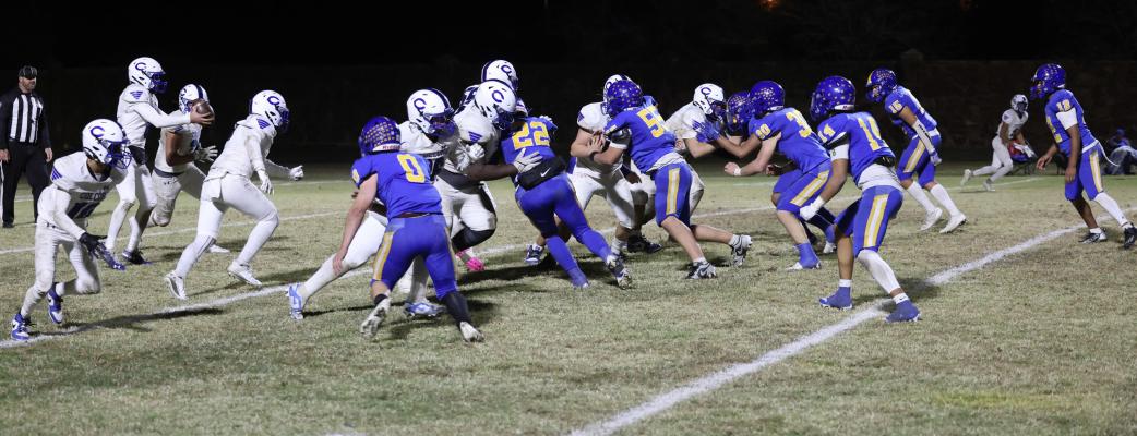 Things were extremely tough upfront in the Wolverines’ game with Colcord. The Hornets were big and physical. Holdenville defenders # 0, Abe Gomez, # 22, Sawyer Jeffrey,#55 Brayden Black, # 30 Bo Black, # 7, Brett Bruner, # 14, Xavier Randall, # 16,Kaden Rogers and # 12 Jordan Harjo met the challenge of the bigger Colcord players.