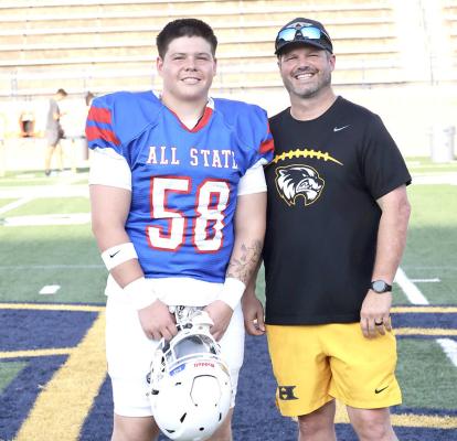 Wolverine All-State Lineman, Alyc Harjo, and Holdenville Head Coach, David Barker were introduced during the pre-game ceremony at the OCA All-State Game.