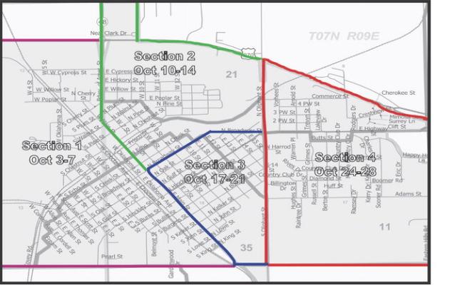 CITY WIDE BRUSH AND LIMB PICK UP – This map shows the four sections Holdenville has been divided into for brush and limb pickup. Each week a different section will receive free, curbside brush and limb pickup service. All limbs and brush should be placed off the street between the sidewalk and the curb and cut to not over 6’ length.