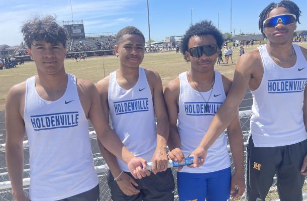 The Holdenville Wolverine 4X100 relay team placed first at the Kelleyville track meet last week. The Wolverines competed against 32 schools and won by large margin. Teams members are: Izaia KIng, Tayjaun Blackshire, Malachi Henderson and Eddie Jennings.