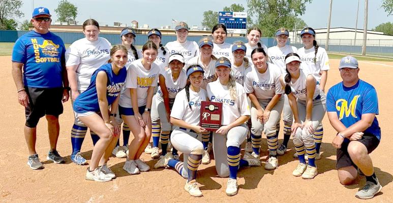 Moss Lady Pirates Slow-Pitch Districts Champions— Front row: Kandess Bridger and Shay Stambaugh. Middle row: Makaylie Crawford, Chloe Stacy, Joel Factor, Gracie Provence, Ava O’Kelley, Gracelyn Wulf, Harlee Nolen, Coach Turner. Back row: Coach Qualls, Kaylee Wilkes, Tara Keesee, Kara Mayfield, Elexis Stafford, Leah Harjochee, Laney Moreno, Reese Harris, Tanna Brown. *Photo courtesy of Shawna Bridger