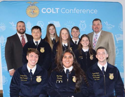 Pictured with the officers Eliza Maylen, President; Avery Kahle, Vice President; Jonathan Wiseman, Secretary; Belle McFarland, Treasurer; Sara Coats, Reporter; Shelby Austin, Sentinel; and Brandon Kahle and Cody Richison, Advisers, of the Holdenville FFA Chapter are (front left) Braden Burns, Kingfisher, state president, and (front right) Hayden Harper, Madill, southeast area vice-president.