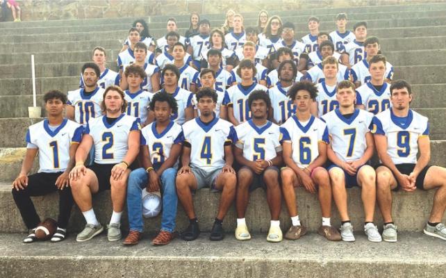 YOUR 2023 HOLDENVILLE WOLVERINES ARE ALREADY ROLLING, SMASHING WEWOKA LAST FRIDAY 56-0. They will host their home opener this Friday against Meeker. The are pictured above (L-R) Front Row: Izaia King, Clinton Rolan, Malachi Henderson, Mike Piza, Malachi Adam, Kase Sipes, Gage Smith, Cash Carter. 2nd Row: Julius Jackson, Wyatt Seeley, Bubbah Bowen, Tenetke Lowe, Kaden Rogers, Trist-n Tyler, Brett Sipes, Abe Gomez. 3rd Row: Clayton LaValley, Sawyer Jeffrey, Xavier Randall, Jordan Harjo, Bo Black, Xavier Adams