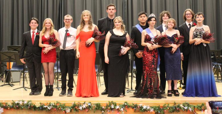 THE HOLDENVILLE HIGH SCHOOL BAND CROWNED A NEW QUEEEN THIS CHRISTMAS. Congratulations to Hailey Steele who was crowned by King Aaron Gonzalez. The Royal Band Court is pictured above (L-R): Matthew Gibb, Jewel Brill, Colton “Wrecking Ball” Steele, Scarlett Irby, Sam Stallcup, Danica Sipes, Aaron Gonzalez, Hailey Steele, John Richmond, Joffrette Carter, James Westwood, and Mattie Bridger.