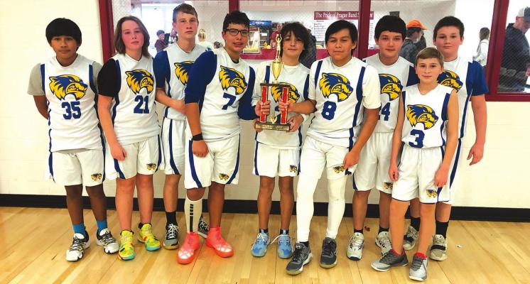 The Holdenville Middle School 7th grade basketball team won the second place trophy in the Prague Tournament! Coach Ryan Turner’s squad defeated Prague and Meeker before losing to South Rock Creek in the finals. Team members are…left to right..Jordan Harjo, Tristan Cloud, Bo Black, Brett Bruner, Boston Lowe, Tenetke Lowe, Alfonzo Garcia, Lane Childs, and Jay Smith.