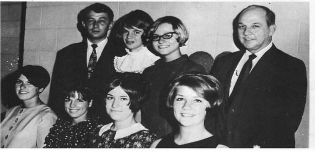 The FBLA Officers were installed by Mr. Rex Moore, Historian: Nancy McGugen, Reporter: Donna Ingram, Mr. Eddie Beltram. Bottom Row: Secretary: Verle Robinson, President: Denise Hollman, Vice-President: Kathy Crumley, Treasurer: Dorya Huser. Mr. Eddie Beltram presented a short film program on the National FBLA.
