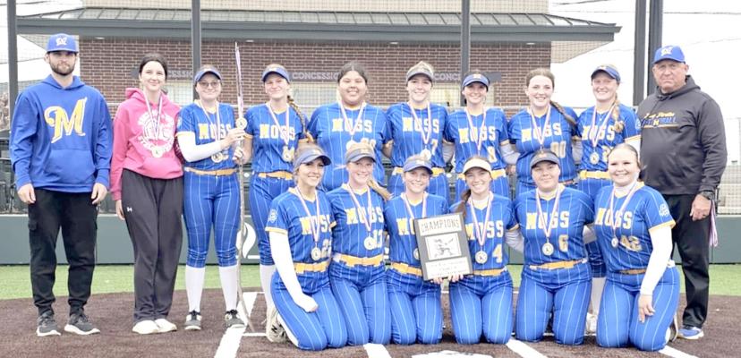 MOSS LADY PIRATES SLOWPITCH SOFTBALL LITTLE RIVER CONFERENCE CHAMPIONS! Pictured above are: Back row: Assistant Coach Tucker Brown, Hailey Peters, Sloane Van Haren, Landri Mills, Leah Harjochee, Elexis Stafford, Tanna Brown, Laney Moreno, Graycee Janes, Coach Mark Qualls. Front row: Makaylie Crawford, Gracie Provence, Ava O’Kelley, Harlee Nolen, Gracelyn Wulf, Tresley Dennie