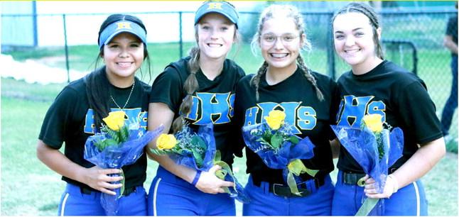 2023 HOLDENVILLE LADY WOLVERINE FAST PITCH SOFTBALL SENIORS Ryleigh Hill-Tiger, Belle McFarland, Melissa Merriman, and Cylee Null