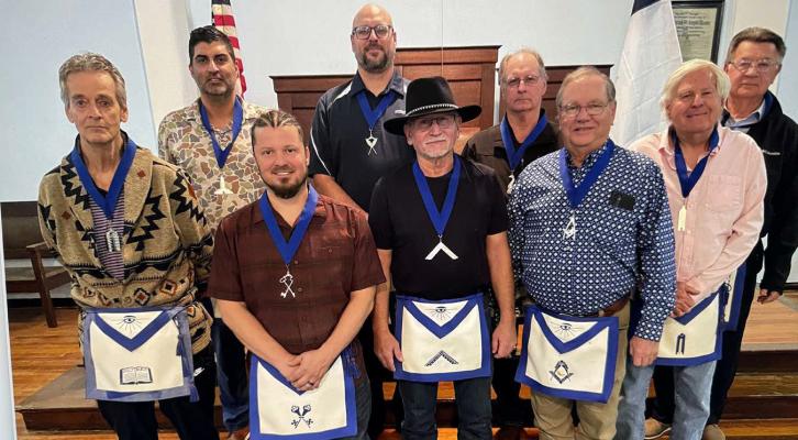 ONE OF HOLDENVILLE’S MOST CHARITABLE ORGANIZATIONS, THE MASONIC LODGE, HAS ELECTED NEW OFFICERS FOR THE COMING YEAR. Pictured above are Front Row L-R: Jerry House (Chaplain), Landon Hall (Treasurer), Kenny McDonald (Worshipful Master), Jerry Young (Junior Deacon). Back Row L-R: Ryan Turner (Senior Warden), Adrian Worden (Secretary), James Welch (Senior Steward), Richard Wood (Junior Warden), Dennis Phillips (Tyler).