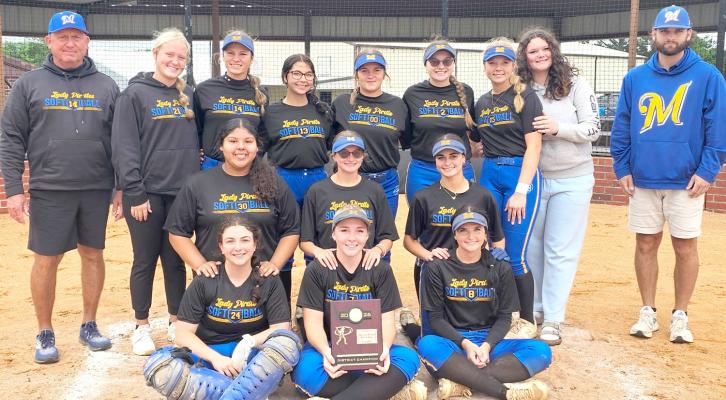 LADY PIRATES SLOW PITCH TEAM DISTRICT CHAMPIONS— Back Row: Head Coach Mark Qualls, Graycee Janes, Landri Mills, Bryleigh Jordan, Kinzlie Barbre, Sloane Van Haren, Graclee Huff, Josslynn Rollins, Assistant Coach Tucker Brown. Middle Row: Leah Harjochee, Paycee Van Haren, Tara Keesee. Front Row: Kara Mayfield, Elexis Stafford, Tanna Brown. Photo courtesy of Kelly Mayfield