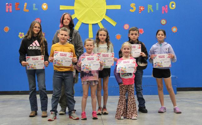 MATH FACT CHAMPIONS. Pictured above: Back row: Rylynn Shelton, Robbie Quinci, Hadley Humphreys, Cruz Powell, Presley Brooks. Front row: Weston Wilkes, Skyler Wood, Maeble Mudd