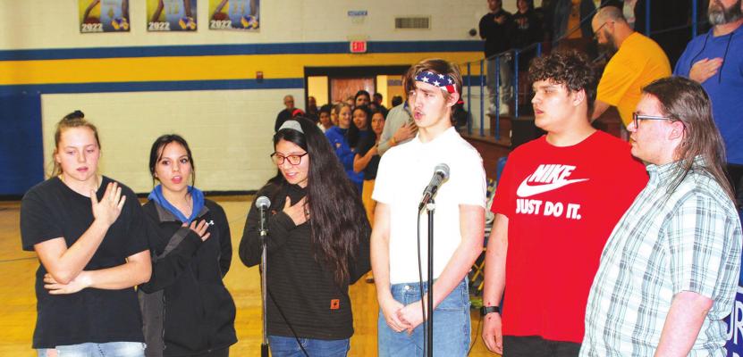 Members of the Holdenville High School vocal music class sang the Star Spangled Banner prior to Holdenville’s contest with Wewoka. Choir members are: Isabella Grizzle, Hayley McCartey, Lyssa Sullivan, Ryan Nowlin, Johnathan Adams and Parker Underwood.