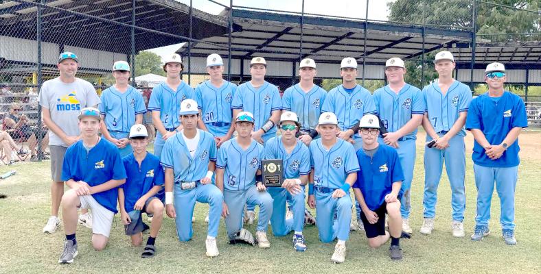 THE MOSS PIRATES BASEBALL TEAM BEAT CALERA IN THE TUPELO TOURNAMENT AND WERE CONSOLATION CHAMPIONS. Front row: Chance Brewer, Ryder Mudd, Gauge Lockhart, Levi Foster, Micah Wheeler, Tate Keesee, Brody Foster. Back row: Coach Michael Freeman, Jayden Priest, Garrett LaGrone, Jayden Hall, Easton Smith, Jackson O’Kelley, Landon Golden, Heston Nolen, Jameson O’Kelley, Coach Daxton Carter.