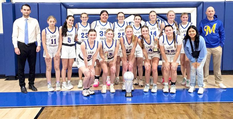 THE MOSS PIRATES AND LADY PIRATES BASKETBALL TEAMS BOTH WIN THE CHAMPIONSHIP TITLE AT THE BOWLEGS TOURNAMENT ON JANUARY 25TH. Moss Lady Pirates Bowlegs Basketball Tournament Champions Pictured Above: Back row: Coach Brown, Helen Payne, Tara Keesee, Paycee Van Haren, Leah Harjochee, Sloane Van Haren, Kara Mayfield, Landri Mills, Graycee Janes, Reese Harris, Coach Freeman. Front row: Chloe Stacy, Ava O’Kelley, Gracie Provence, Harlee Nolen, Gracelyn Wulf, Brisli Gutierrez (Manager)