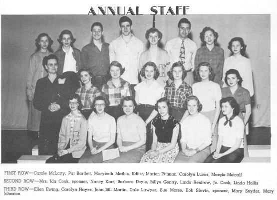 FIRST ROW—Carole McLarty, Pat Bartlett, Marybeth Mathis, Edibr, Marion Pittman, Carolyn Lucas, Margie Metcalf SECOND ROW Mrs. Ida Cook, sponsor, Nancy Karr, Barbara Doyle, Billye Gentry, Linda Renfrow, Jo. Cook, Linda Hollis THIRD ROW—Ellen Ewing, Carolyn Hayes, John Bill Martin, Dale Lawyer, Sue Morse, Bob Slavin, sponcor Mary Snvder Marv Johnston ' ' 1