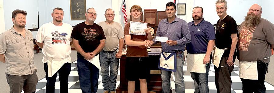 HOLDENVILLE MASONIC LODGE PRESENTED SCHOLARSHIPS OF $600 EACH TO HOLDENVILLE HIGH SCHOOL GRADUATES COLSTON HALL, NOAH HIGGINS &amp; REAGAN IRBY L-R: Bro. Landon Hall, Bro. Eddie Griffith, Bro. Cameron Miller, Bro. Jerry Young, Noah Higgins, W.M. Ryan Turner, Bro. Aaron Taylor, Bro. Jerry House, Bro. Justin Smith