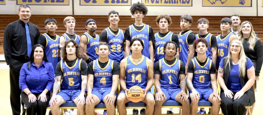 THE 2024-2025 WOLVERINES WILL OPEN THE SEASON ON TUESDAY WHEN HOLDENVILLE HOSTS SEMINOLE. Pictured above are (L-R): Front- Coach Leslie Carter, Jordan Stafford, Kejo Watson, Xavier Randall, Malachi Henderson, Kase Sipes, Coach Brittany Skipworth. Back-Coach Dillon Snow, Jordan Harjo, Rowdy Elkins, Mike Piza, Brett Bruner, Garrette McCutcheon, Wyatt Seely, R.J. Lowe, Boston Lowe, Tenetke Lowe, Coach Aaron Laster, Coach Marisa Shaffer