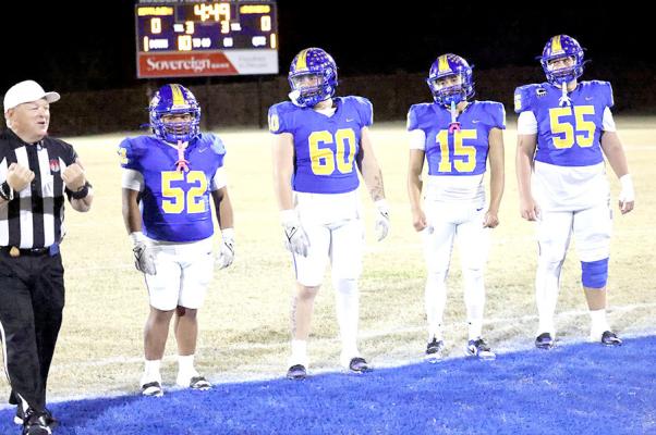 These Wolverines served as Captains when Holdenville hosted Kellyville. # 52 Aaron Torres, # 60 Alyc Harjo, # 15, Tenetke Lowe, and # 55, Brayden Black. Holdenville defeated Kellyville 68-13 and will face Adair in the quarter-finals.