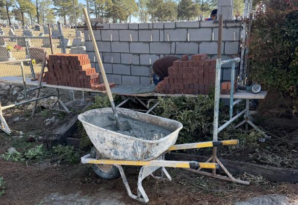 The main entry gate at Holdenville Cemetery is being rebuilt after a vehicle destroyed it last month in a driving accident. The driver was cited with with leaving the scene of an accident.