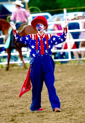 Big Hat Roxy was a feature entertainer at the Holdenville Round-Up Club Rodeo. Roxy is just 16 and is an emerging talent in his field. There’s always some pauses in the arena while the action moves from one event to another and Roxy made those pauses seem short with his jokes and routines.