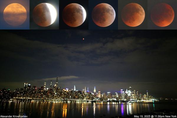 Amateur astronomer Alexander Krivenyshev captured these views of the total lunar eclipse of May 15, 2022 over New York City. (Image credit: Alexander Krivenyshev, WorldTimeZon.com)