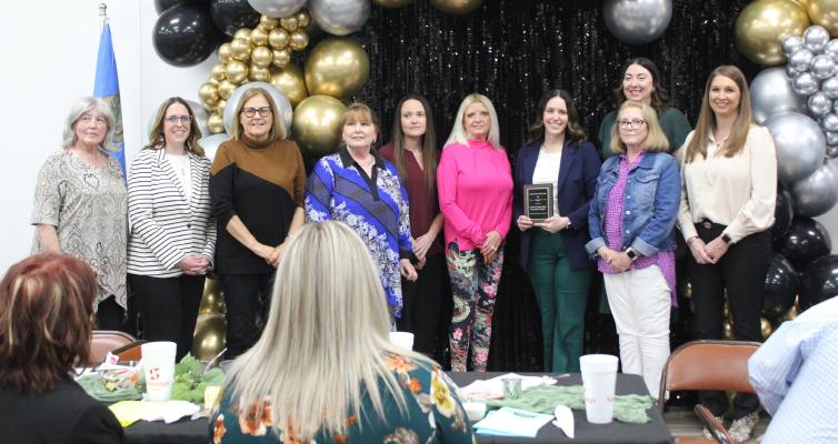 ESA WINS ORGANIZATION OF THE YEAR! ESA has completed multiple community improvement projects this past year, not the least of which is the downtown Christmas lighting upgrade. Pictured above are ESA members (L-R): JoDawna Smith, Julie West, Nancy Sherry, Linda Evans, Ashley Mitchon, Joetta Wood, Jessica Beck, Hillary Pitts (back), Tammy Bible, and Kristi Lambert.