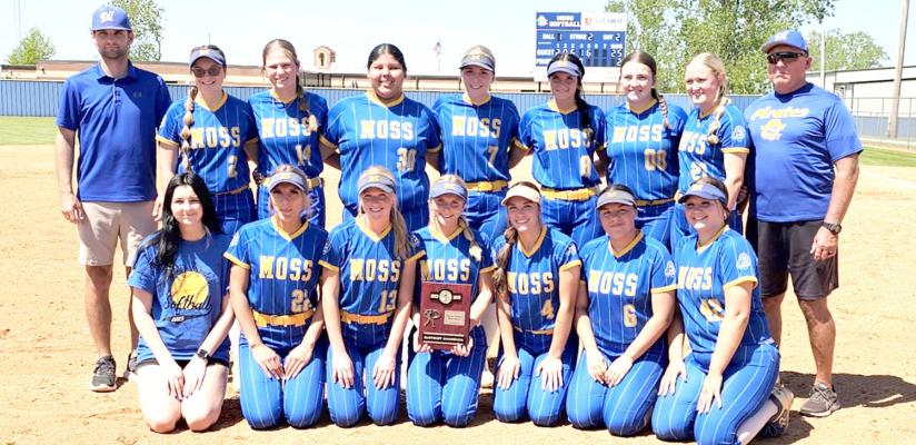MOSS SLOWPITCH DISTRICT CHAMPION TEAM - Back row: Assistant Coach Tucker Brown, Sloane Van Haren, Landri Mills, Leah Harjochee, Elexis Stafford, Tanna Brown, Laney Moreno, Graycee Janes; Front row: Hailey Peters, Makaylie Crawford, Gracie Provence, Ava O’Kelley, Harlee Nolen, Gracelyn Wulf, Tresley Dennie