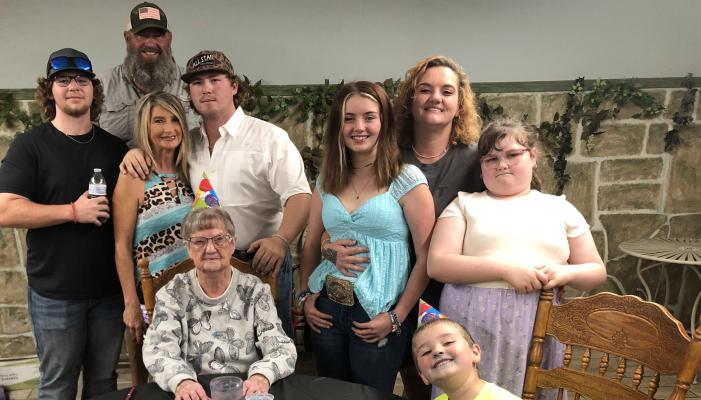 PAULINE BLAYLOCK RECENTLY CELBRATED HER 90TH BIRTHDAY! The well-known resident had a large number of friends and family with her for the special occasion. Pictured above with Pauline are Taden Freeman, Tyler Freeman, Trena Simmons, and Rhett Simmons (back left), Zoe Griffin, Kadie Griffin, Kane Griffin, and Sharla Griffin (back right).