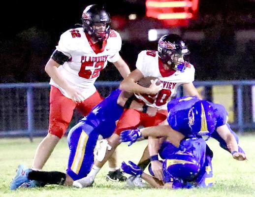 The Holdenville defense was tenacious in the Wolverines’ 20-0 win over Plainview. Tank Redmond, Memphis Thionnet and Abe Gomez teamed up to bring this Plainview running back down