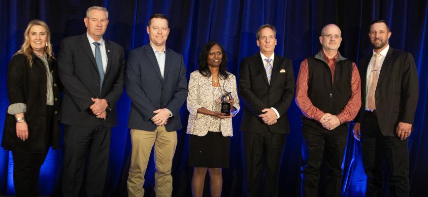 Pictured L to R: Skye McNeil, OkACTE Executive Director; Representative David Smith; Mike Lindley, WWTC Workforce and Economic Development Director; Sumitha Clanton, Lumatech CEO; Justin Clanton, Lumatech COO; Vic Woods, WWTC Superintendent; and Brent Haken, ODCTE State Director.