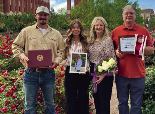 Carley Tatum’s family, Justin Fitzgerald , Courtney Tatum Fitzgerald, Krista Tatum, and Kevin Tatum receive her honorary degree from the University Oklahoma