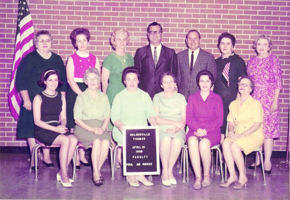THOMAS ELEMENTARY TEACHERS - APRIL 21, 1969 — Left to Right — Front Row: Eva Black, Ms. Mills, ?, Gloria Jackson, Lanell Self and Ms Reed Rushing. Back Row: Ms. Curtis (Tilly) Tate, Betty Johnson, Ms. Ledgerwood, Carl Morse, John Roberts, Elouise Stamps and Ms. Elliston.