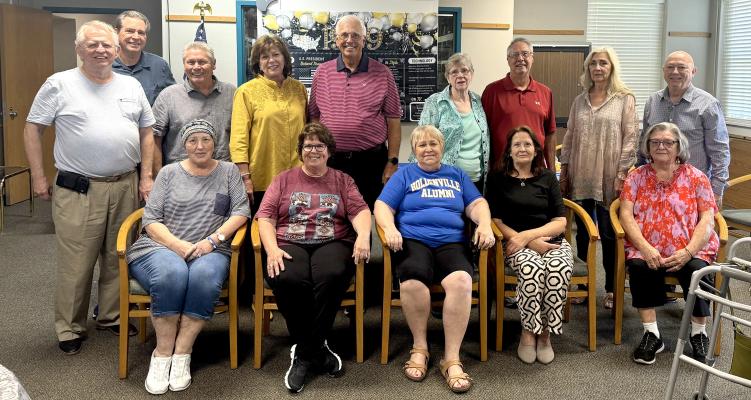 55 YEARS AGO THESE YOUNGSTERS RECEIVED THEIR DIPLOMA FROM HOLDENVILLE HIGH SCHOOL.....and they haven’t changed a bit!! Pictured at their reunion are (left to right) Seated: JoDawna Welch Smith, Denise Holman Goodson, Kathy Crumley Rives, Betty June Thompson Elgein, Nancy Lucas. Standing: Wayne Simonds, Lee Greiner, Chris Bruner, Gay Sylvester Norris, Wally Haskett, Phyllis Scroggins Lynch, Leland Lynch, Dorya Huser Robinson and Neil Brown. See additional photos inside.